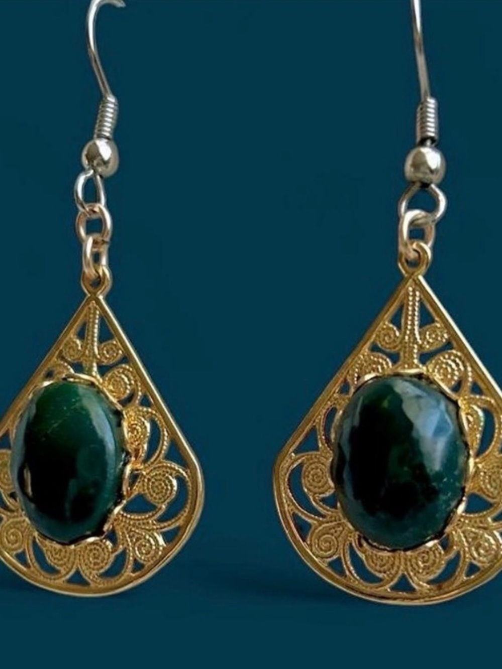 Vtg Malachite Filigree Art Deco Fan Dangle Earrings